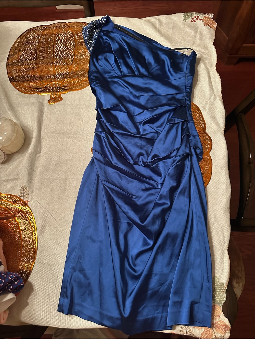 One-Shoulder Royal Blue Satin Dress with Embellished Strap